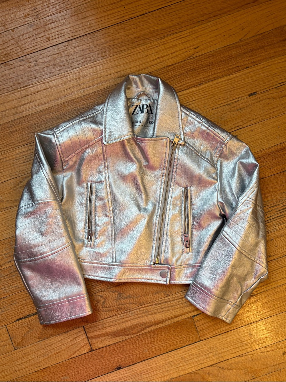 Girls’ Zara Silver Metallic Moto-Style Faux Leather Jacket